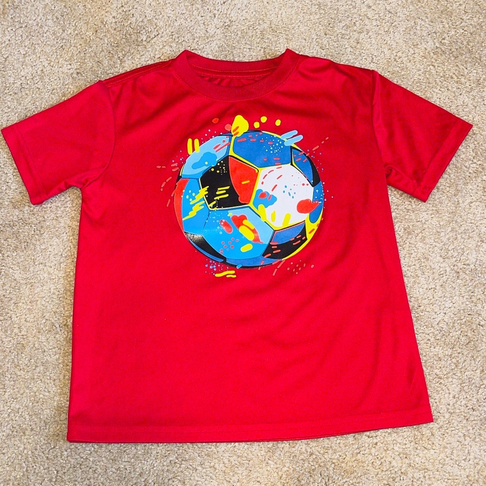 Boys xs(4-5) athletic works athletic driworks colorful soccer tshirt. Like new.
